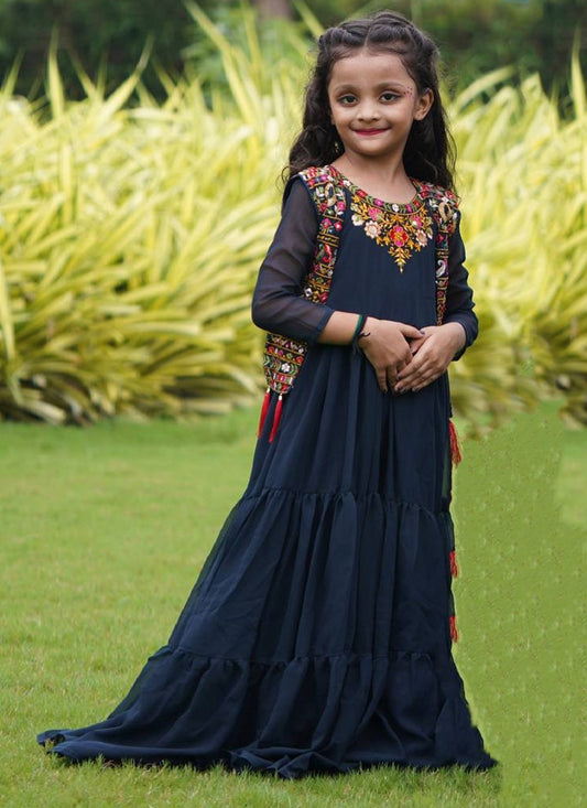 Gown Faux Georgette Blue Embroidered Kids