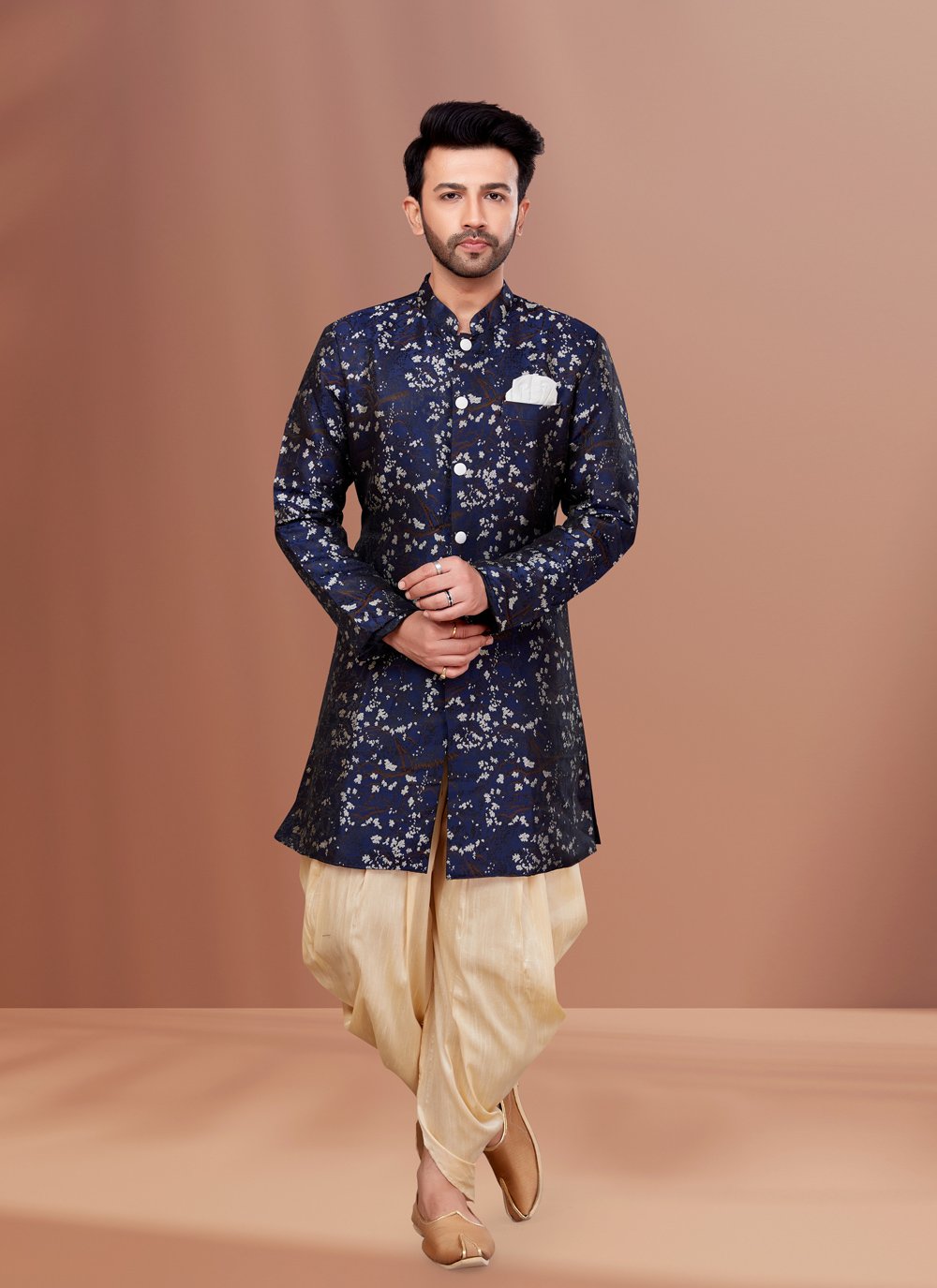 Indo Western Jacquard Blue Fancy Work Mens