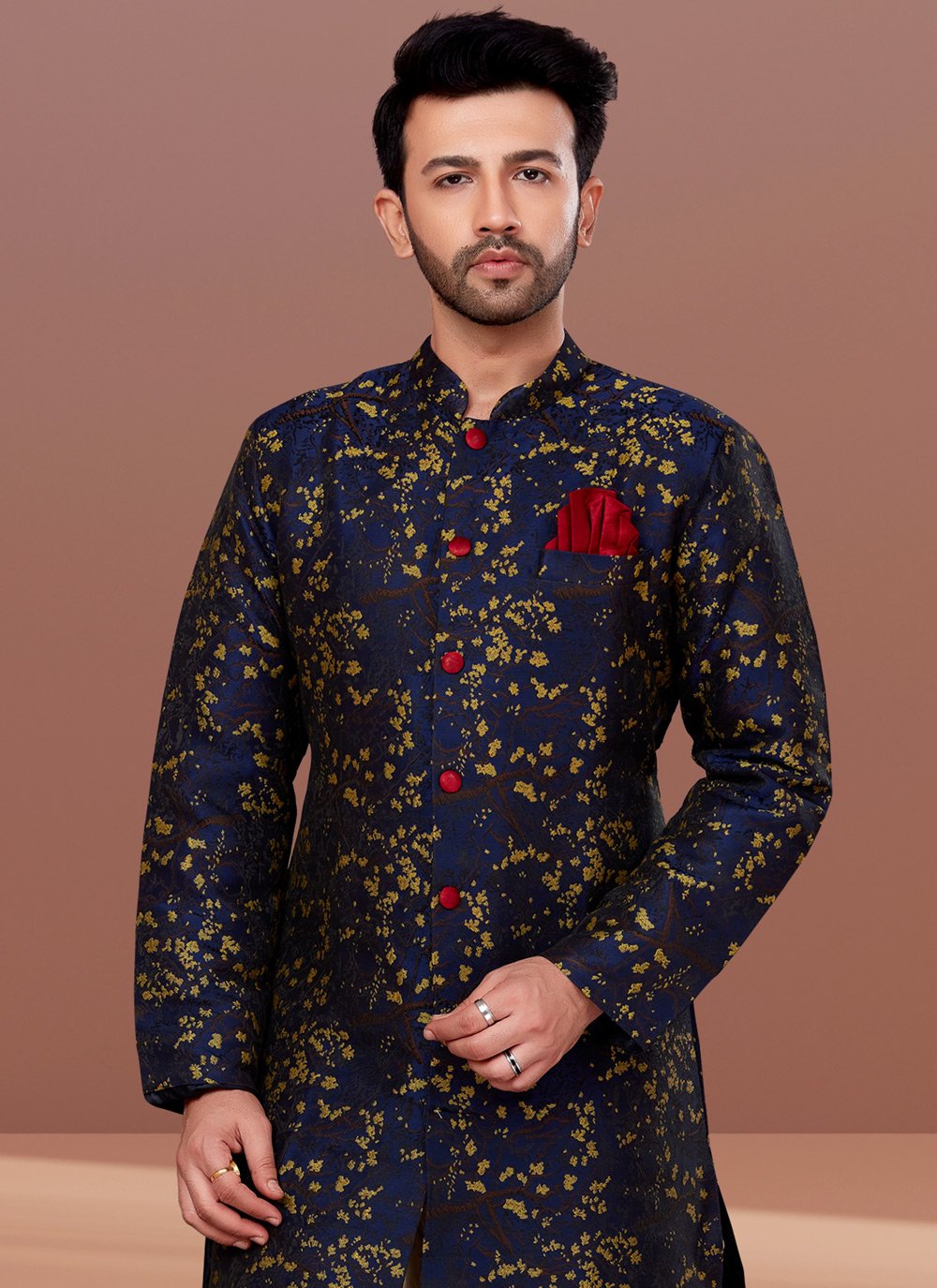 Indo Western Jacquard Blue Fancy Work Mens