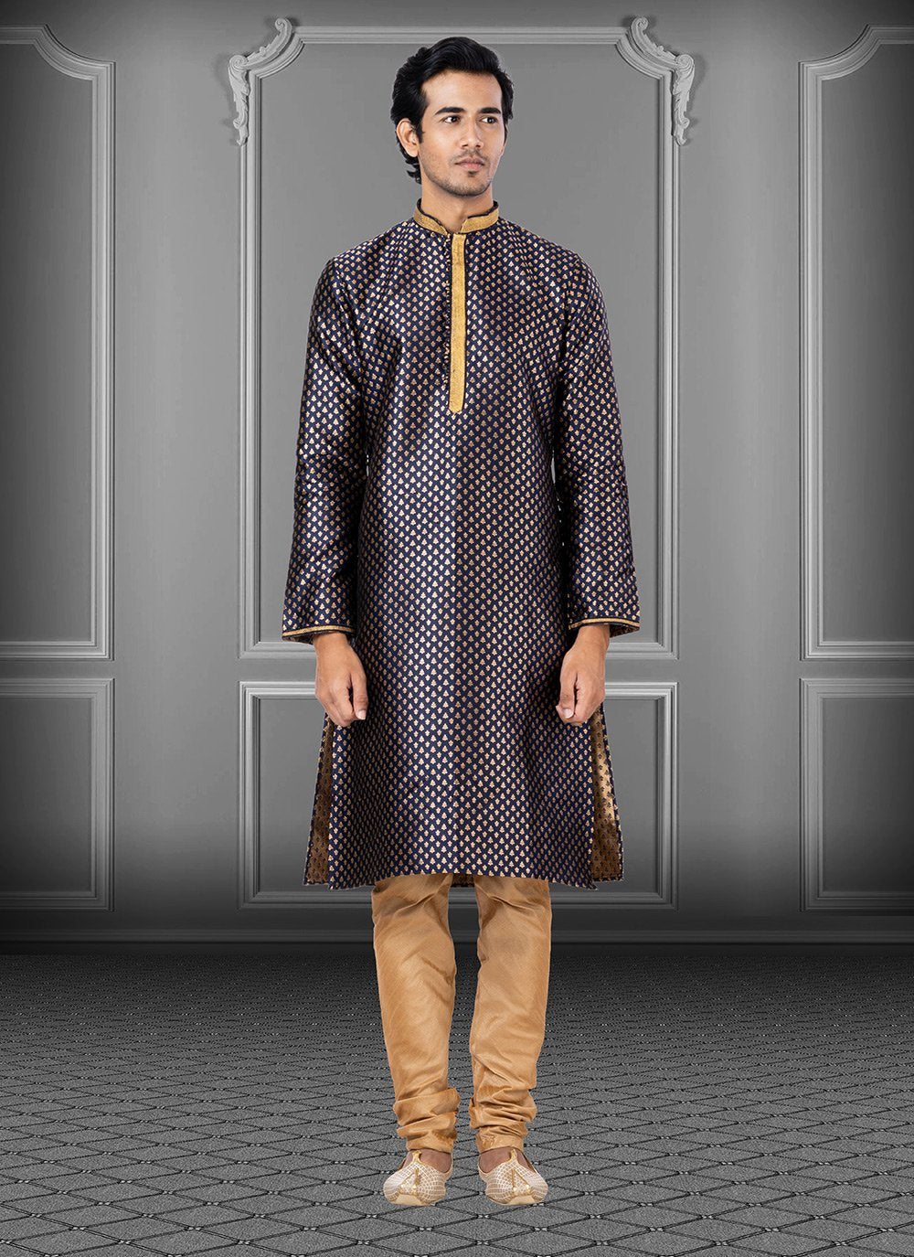 Kurta Pyjama Jacquard Blue Embroidered Mens