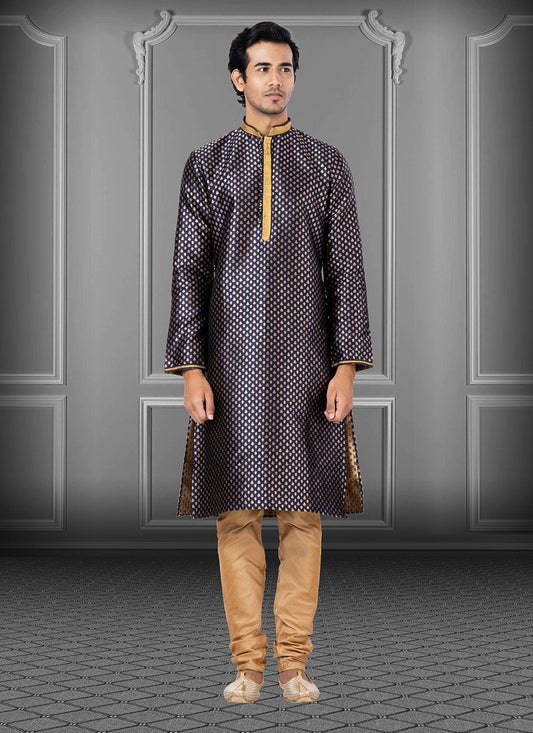 Kurta Pyjama Jacquard Blue Embroidered Mens