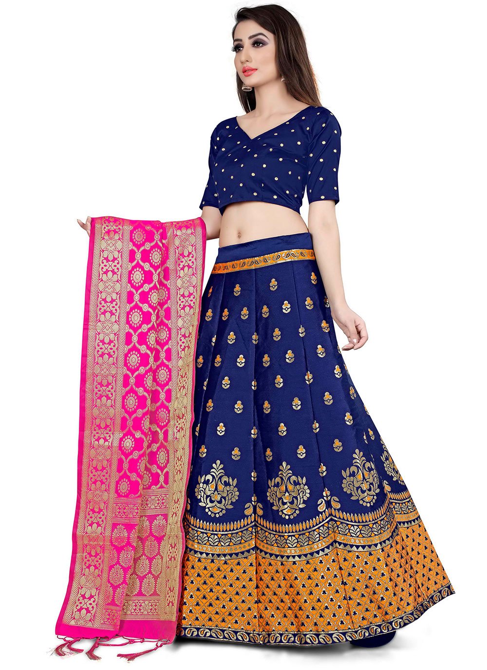 A Line Lehenga Banarasi Silk Blue Jacquard Work Lehenga Choli