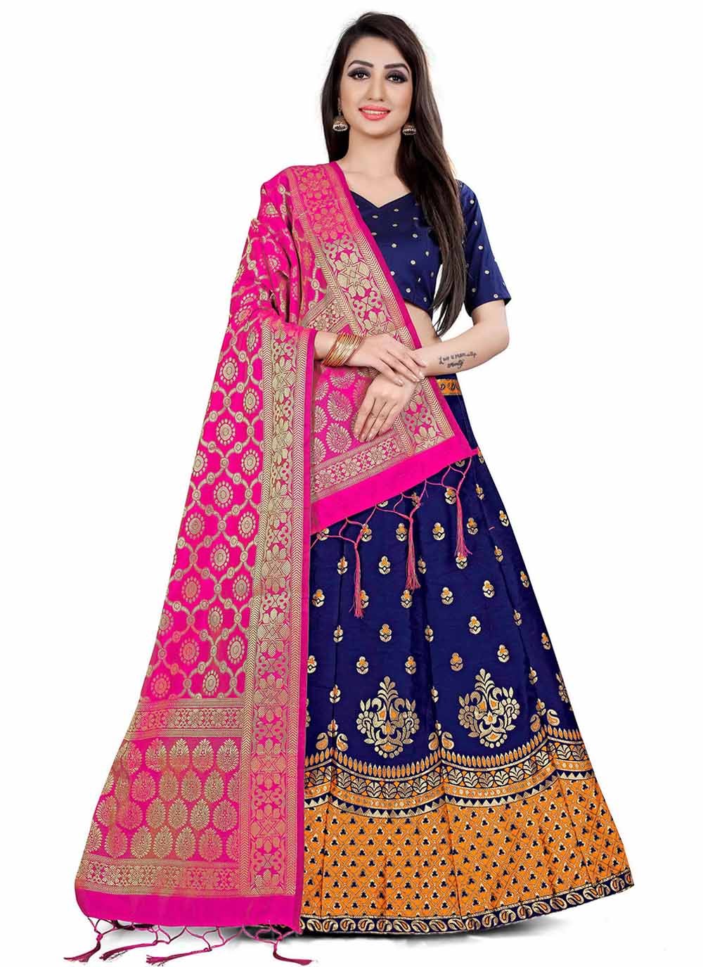 A Line Lehenga Banarasi Silk Blue Jacquard Work Lehenga Choli