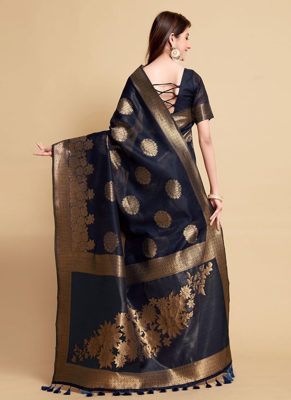 Contemporary Linen Blue Jacquard Work Saree