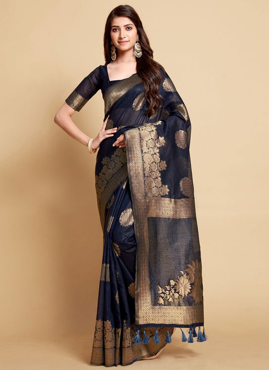 Contemporary Linen Blue Jacquard Work Saree