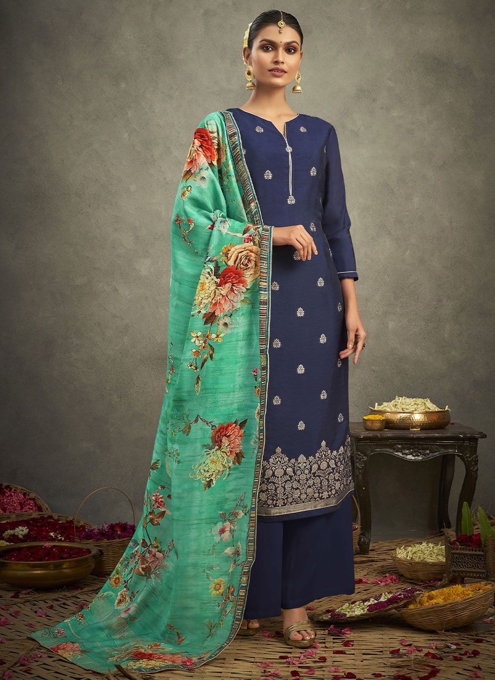 Palazzo Salwar Suit Silk Blue Jacquard Work Salwar Kameez