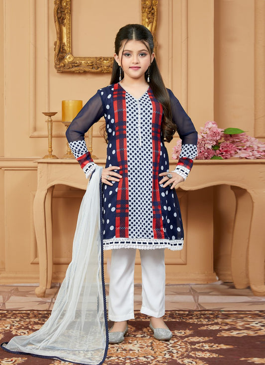 Pant Style Suit Faux Georgette Blue Lace Kids