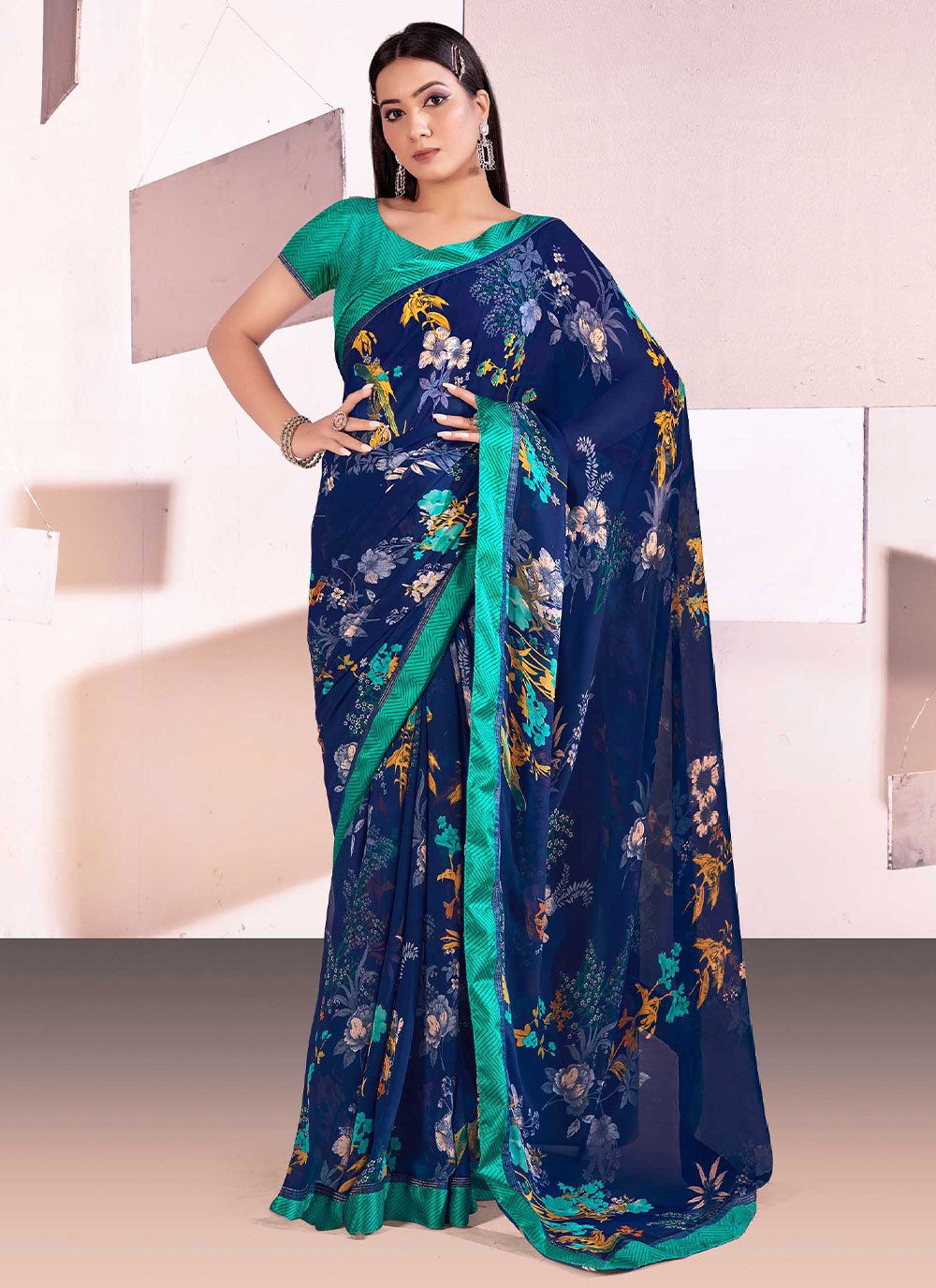 Classic Satin Blue Digital Print Saree