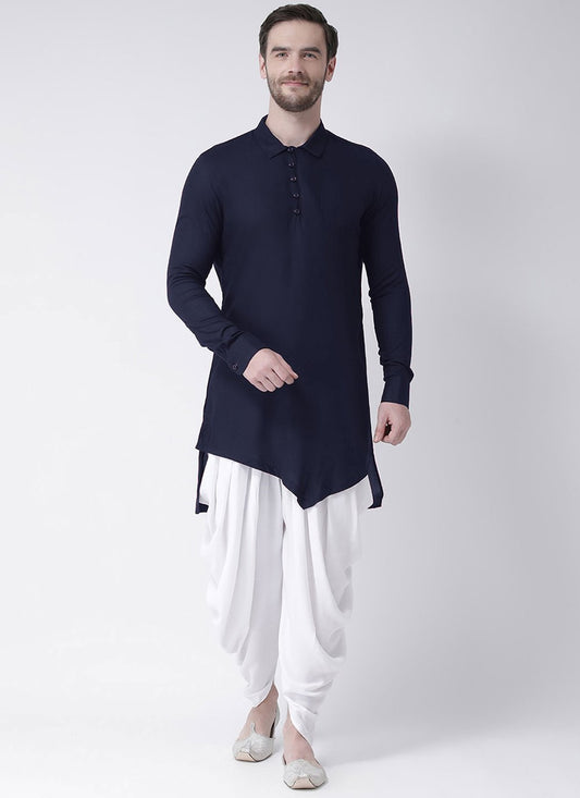 Indo Western Blended Cotton Blue Buttons Mens