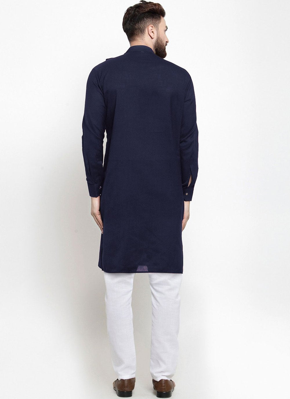 Kurta Pyjama Blended Cotton Blue Plain Mens