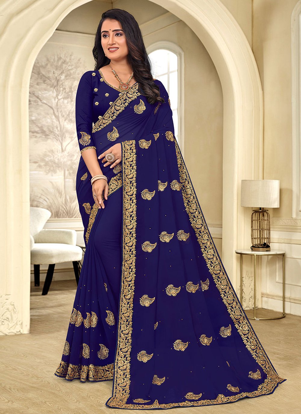 Designer Georgette Blue Stone Saree