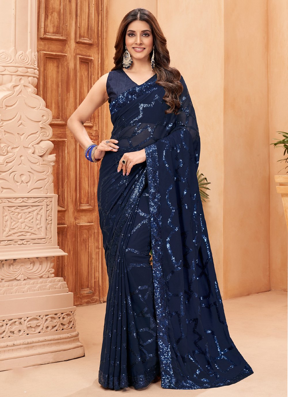 Designer Faux Georgette Blue Sequins Saree