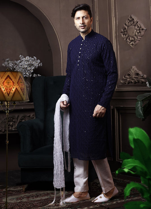 Kurta Pyjama Georgette Lucknowi Blue Embroidered Mens