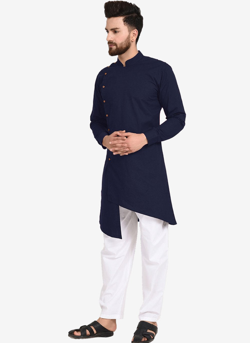 Kurta Pyjama Blended Cotton Blue Plain Mens