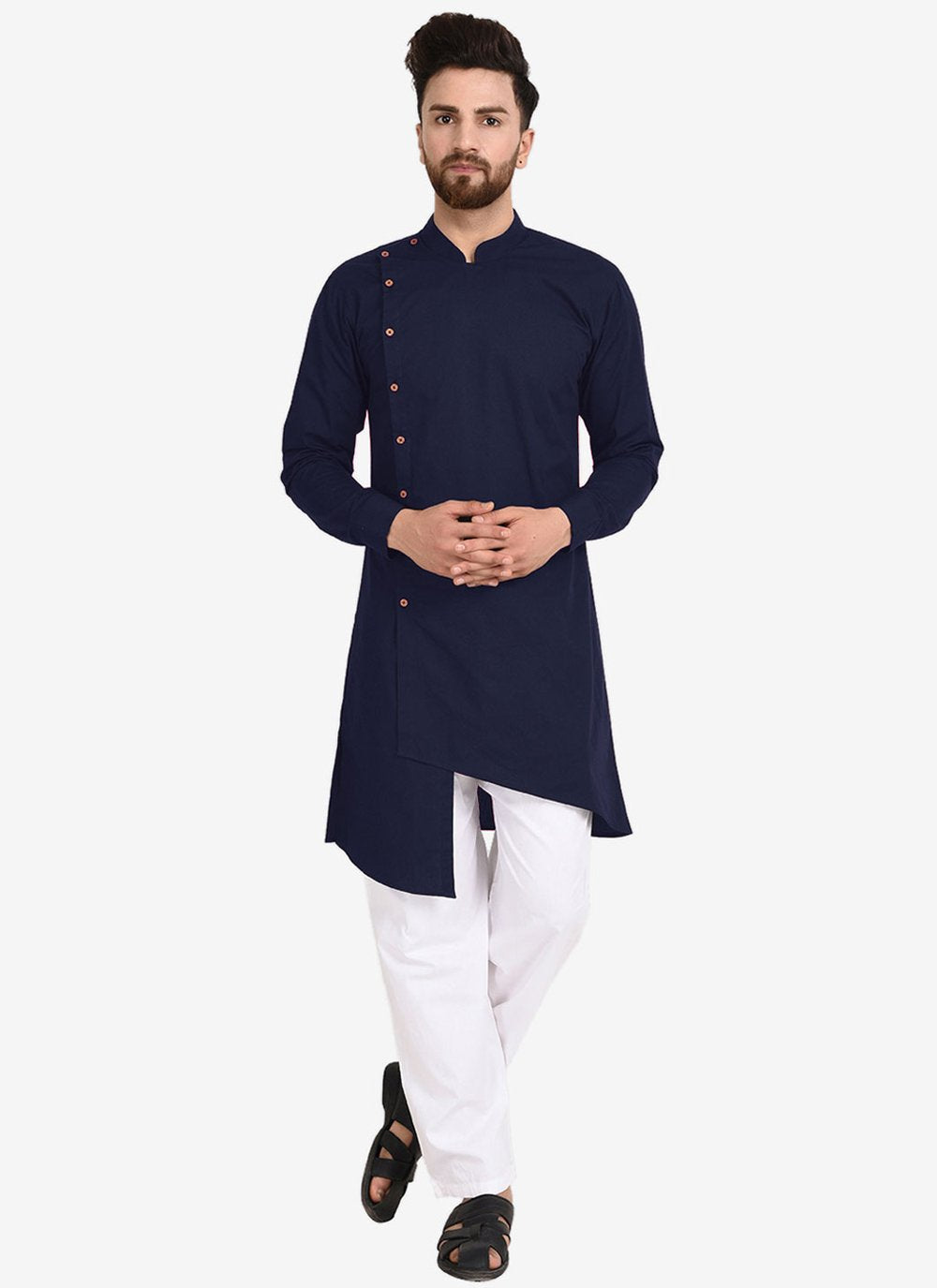 Kurta Pyjama Blended Cotton Blue Plain Mens