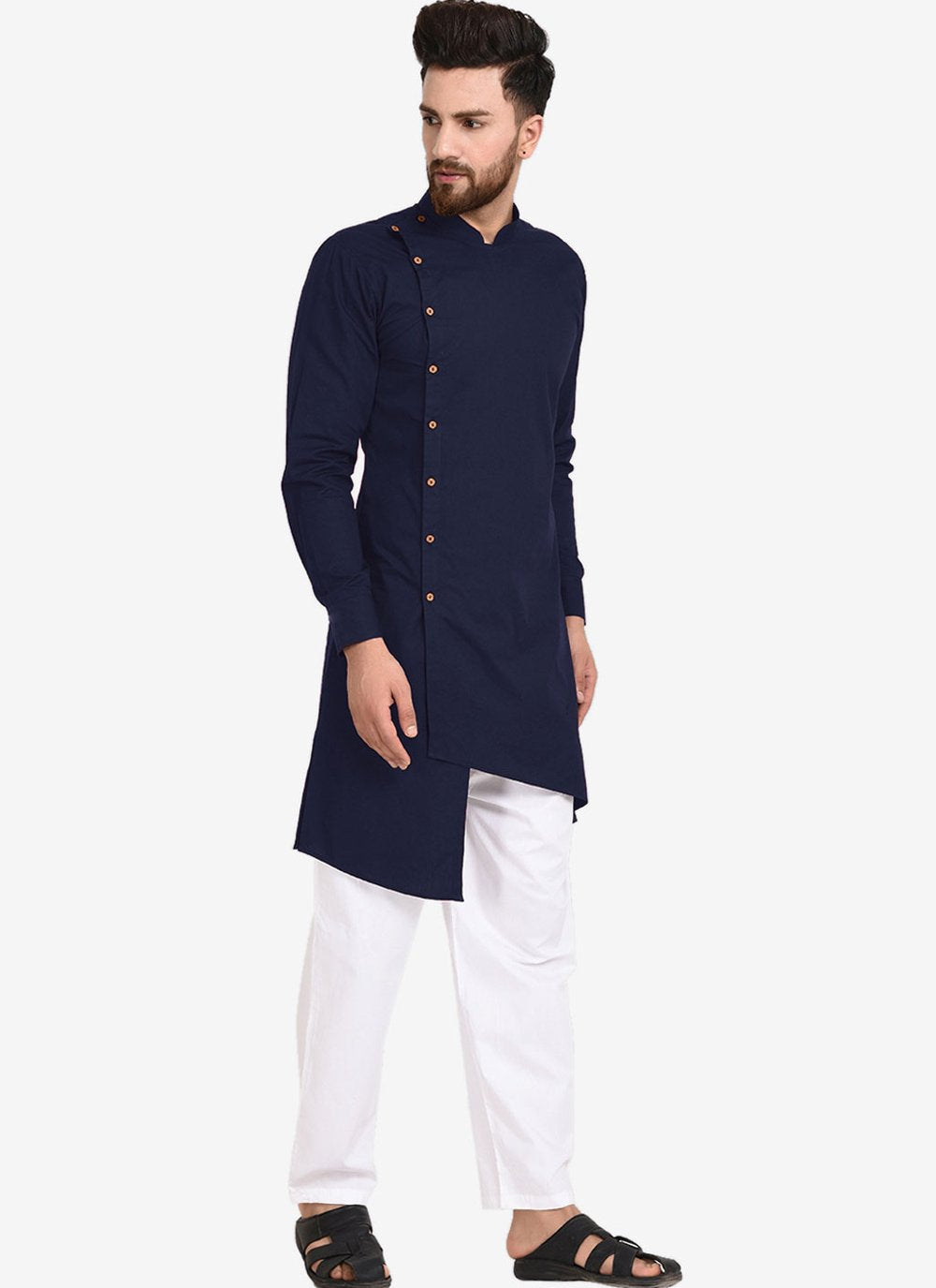 Kurta Pyjama Blended Cotton Blue Plain Mens