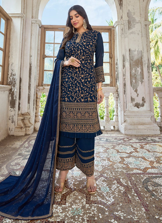 Palazzo Salwar Suit Faux Georgette Blue Embroidered Salwar Kameez