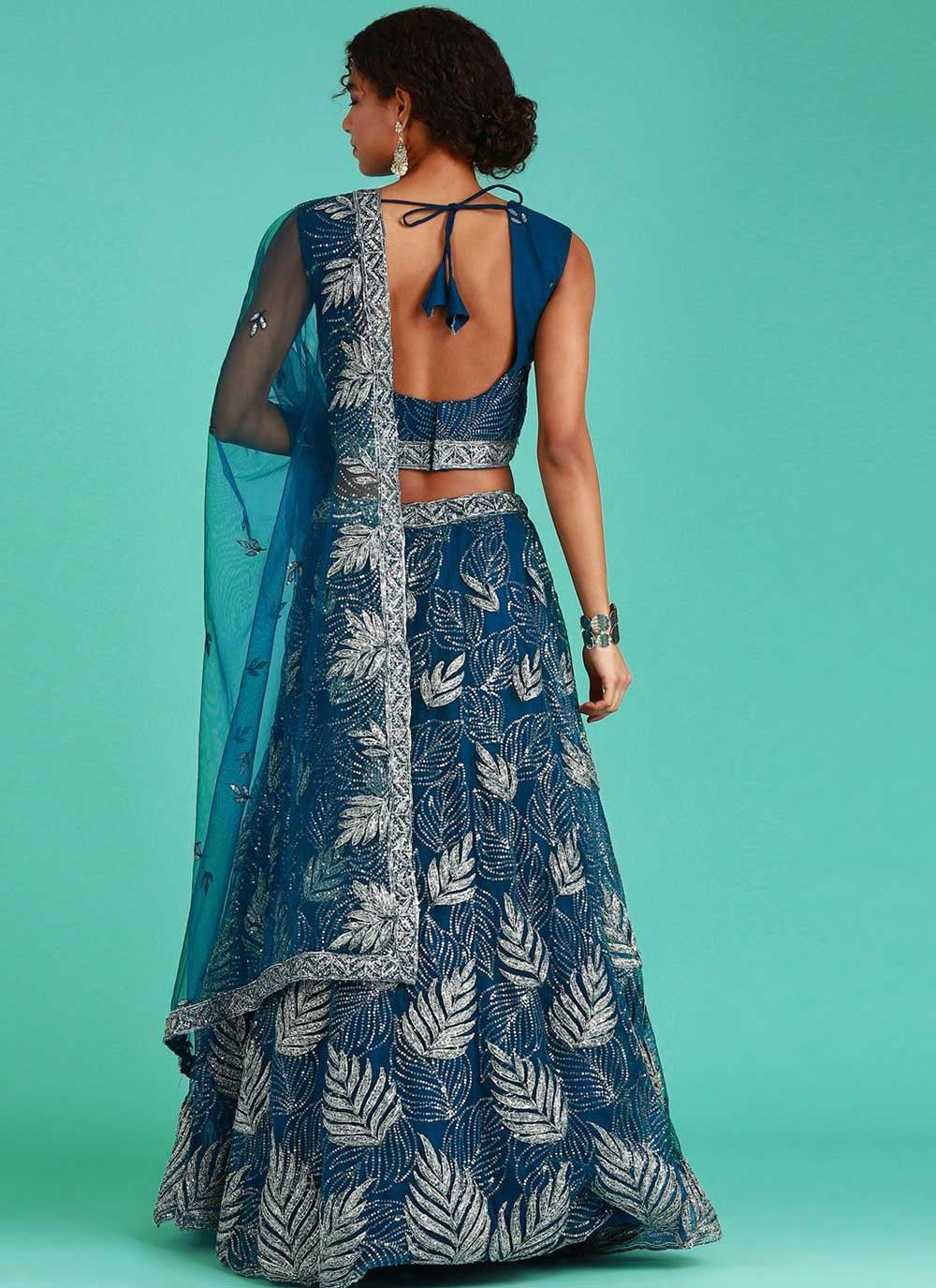 A Line Lehenga Net Blue Embroidered Lehenga Choli