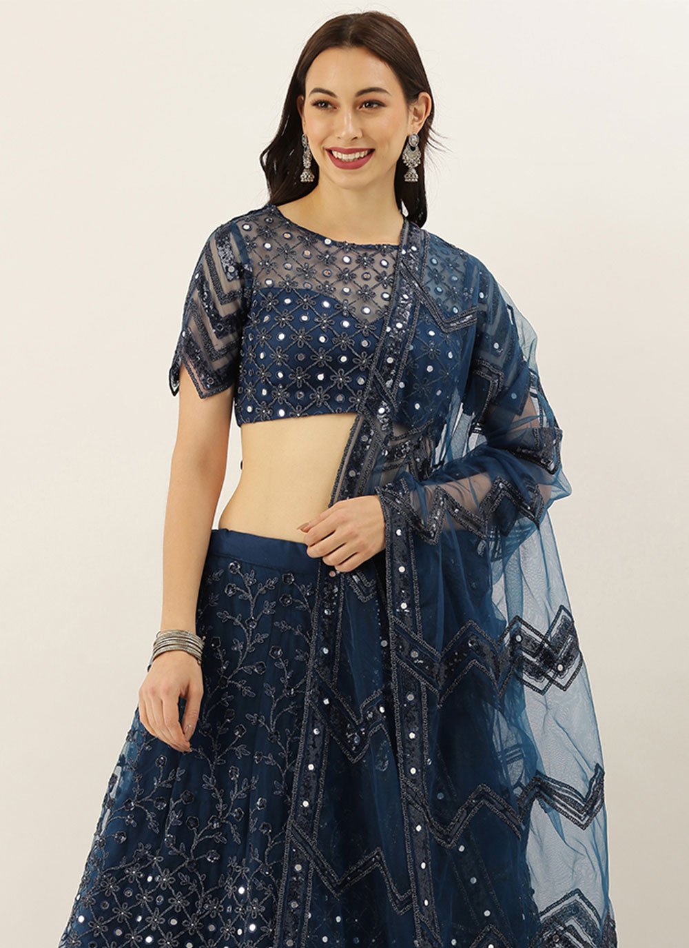 A Line Lehenga Net Blue Embroidered Lehenga Choli