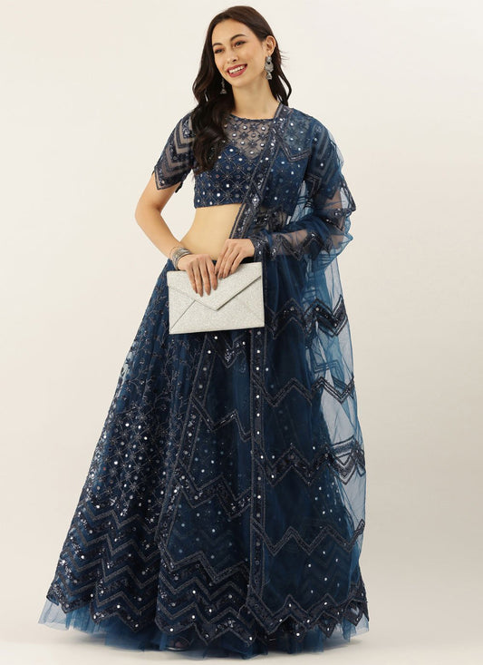 A Line Lehenga Net Blue Embroidered Lehenga Choli