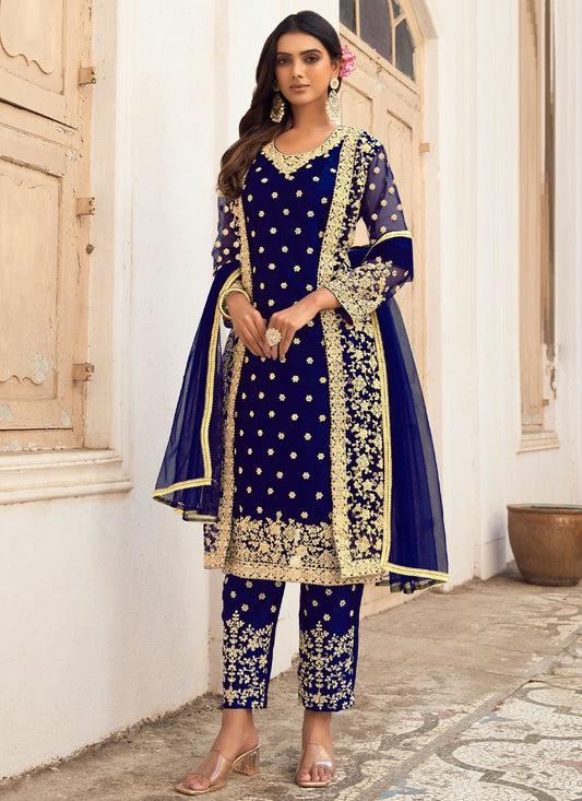 Pant Style Suit Net Blue Embroidered Salwar Kameez