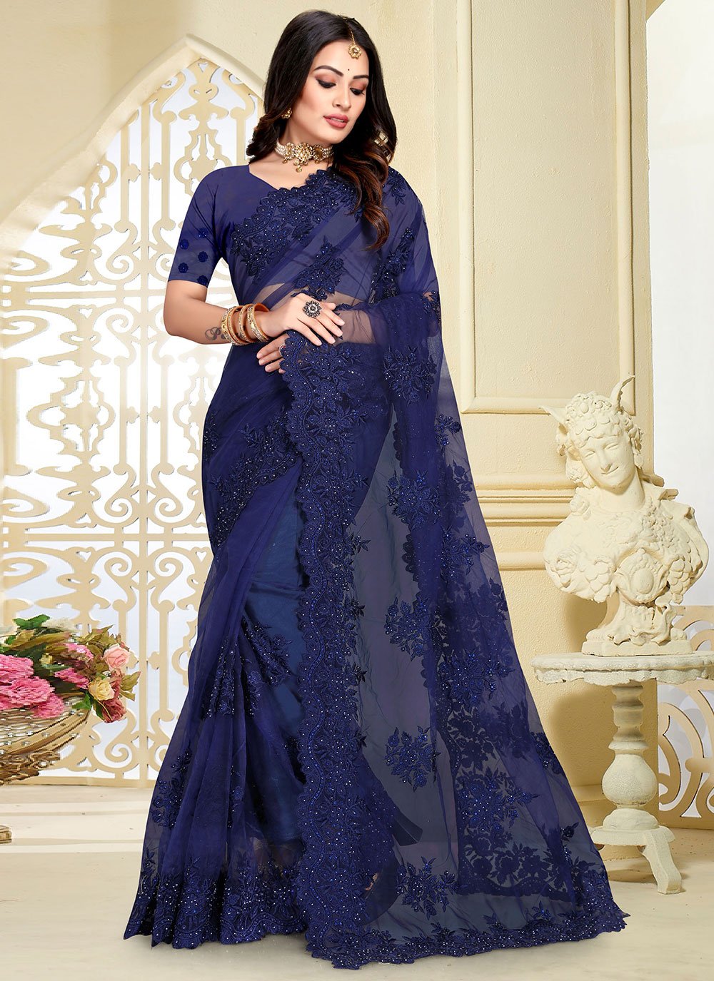 Trendy Saree Net Blue Embroidered Saree