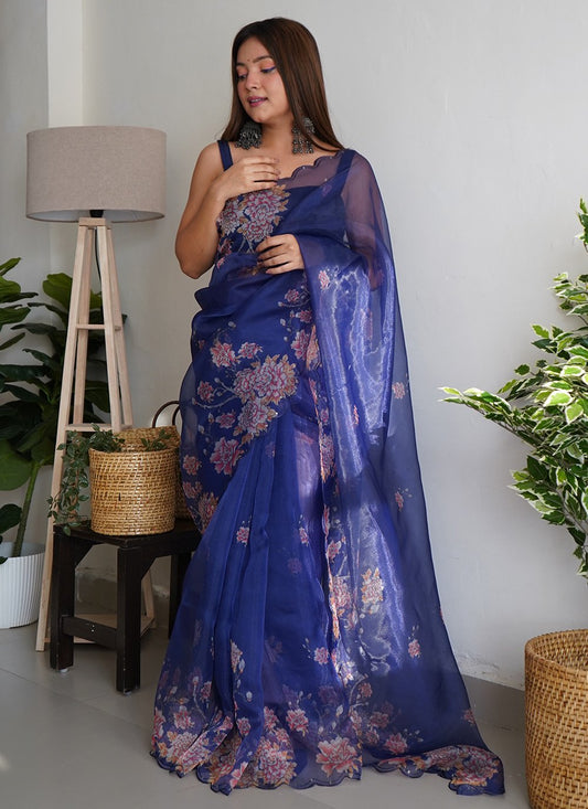 Trendy Saree Organza Blue Digital Print Saree