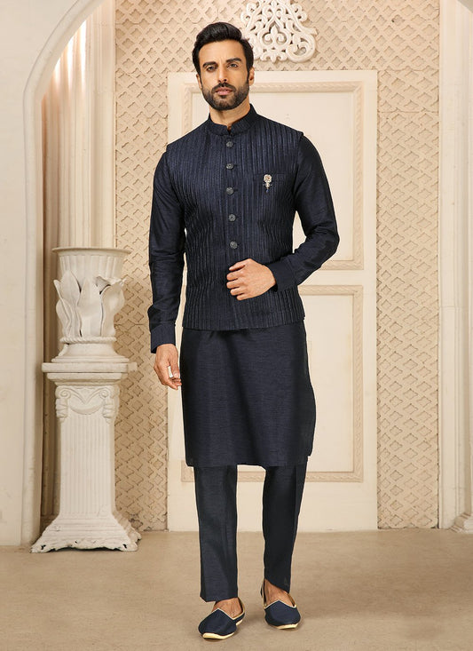 Kurta Payjama With Jacket Art Banarasi Silk Blue Embroidered Mens