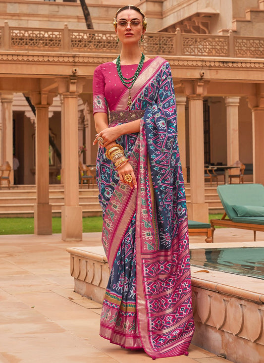 Classic Patola Silk Blue Foil Print Saree