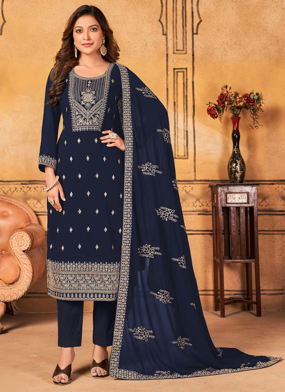 Pant Style Suit Faux Georgette Blue Embroidered Salwar Kameez