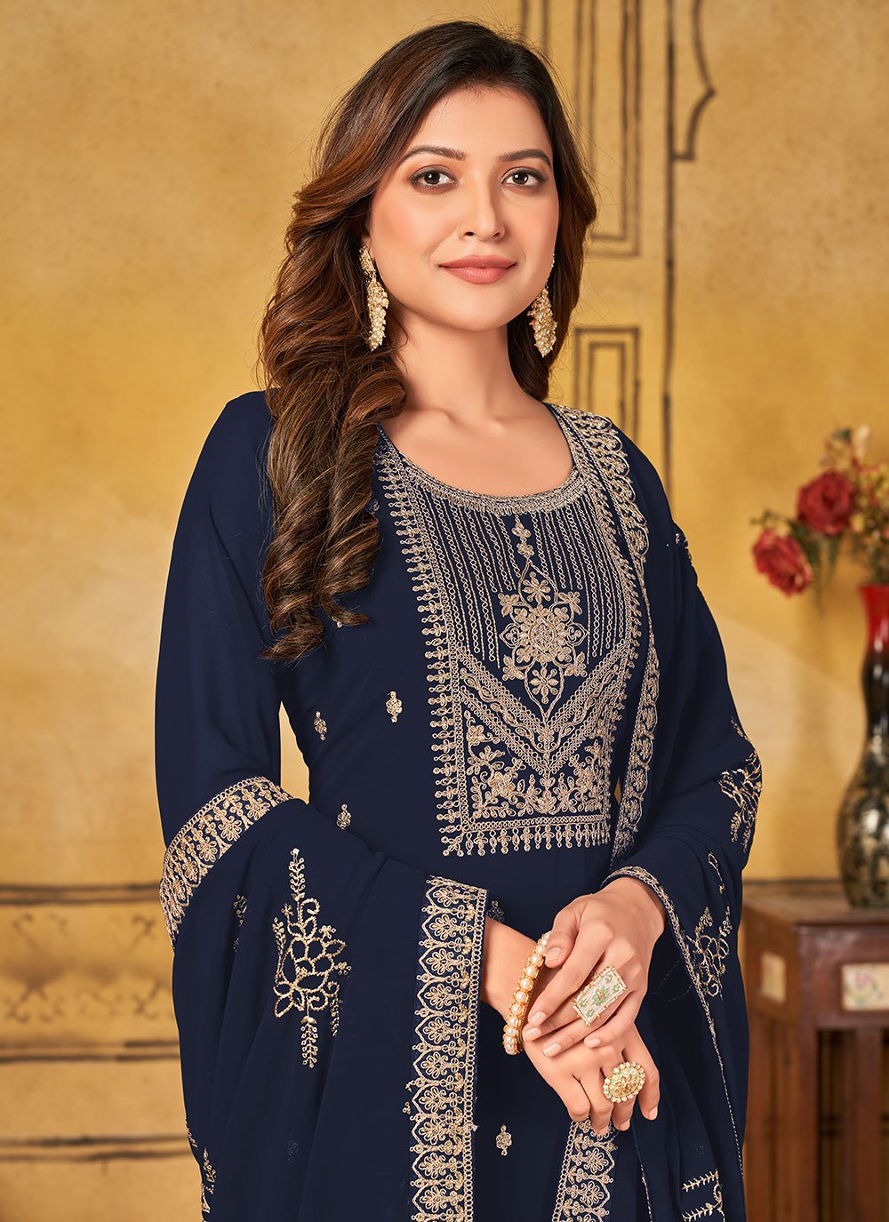 Pant Style Suit Faux Georgette Blue Embroidered Salwar Kameez