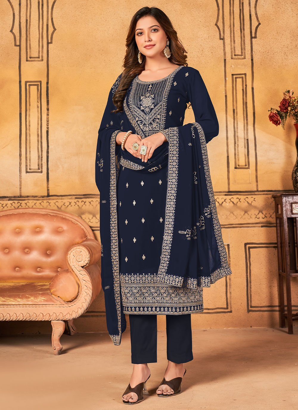 Pant Style Suit Faux Georgette Blue Embroidered Salwar Kameez