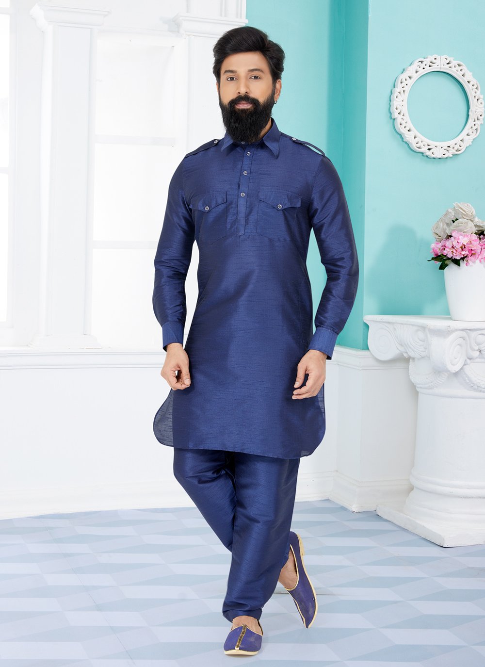 Kurta Pyjama Dupion Silk Blue Plain Mens