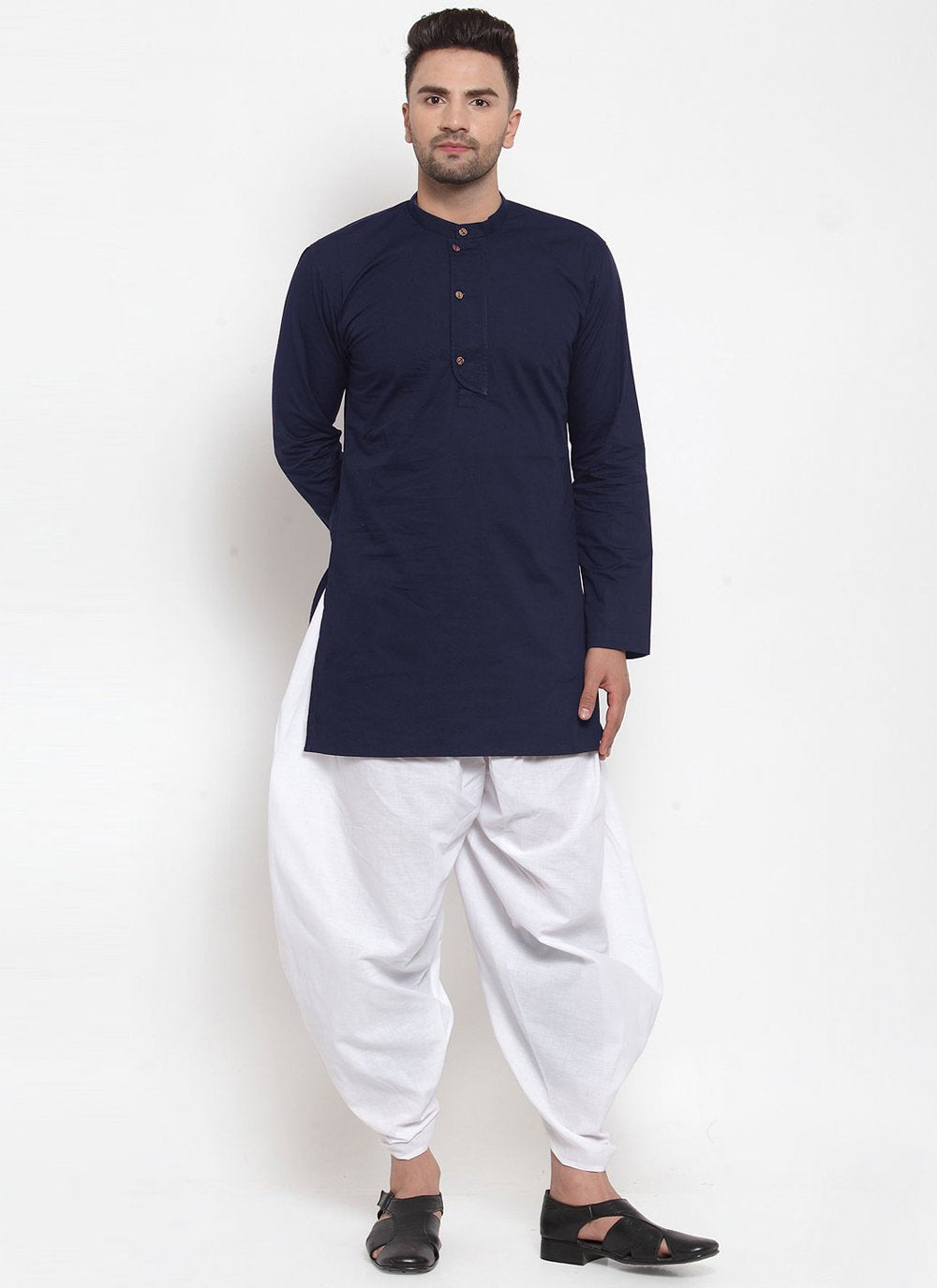 Dhoti Kurta Blended Cotton Blue Plain Mens