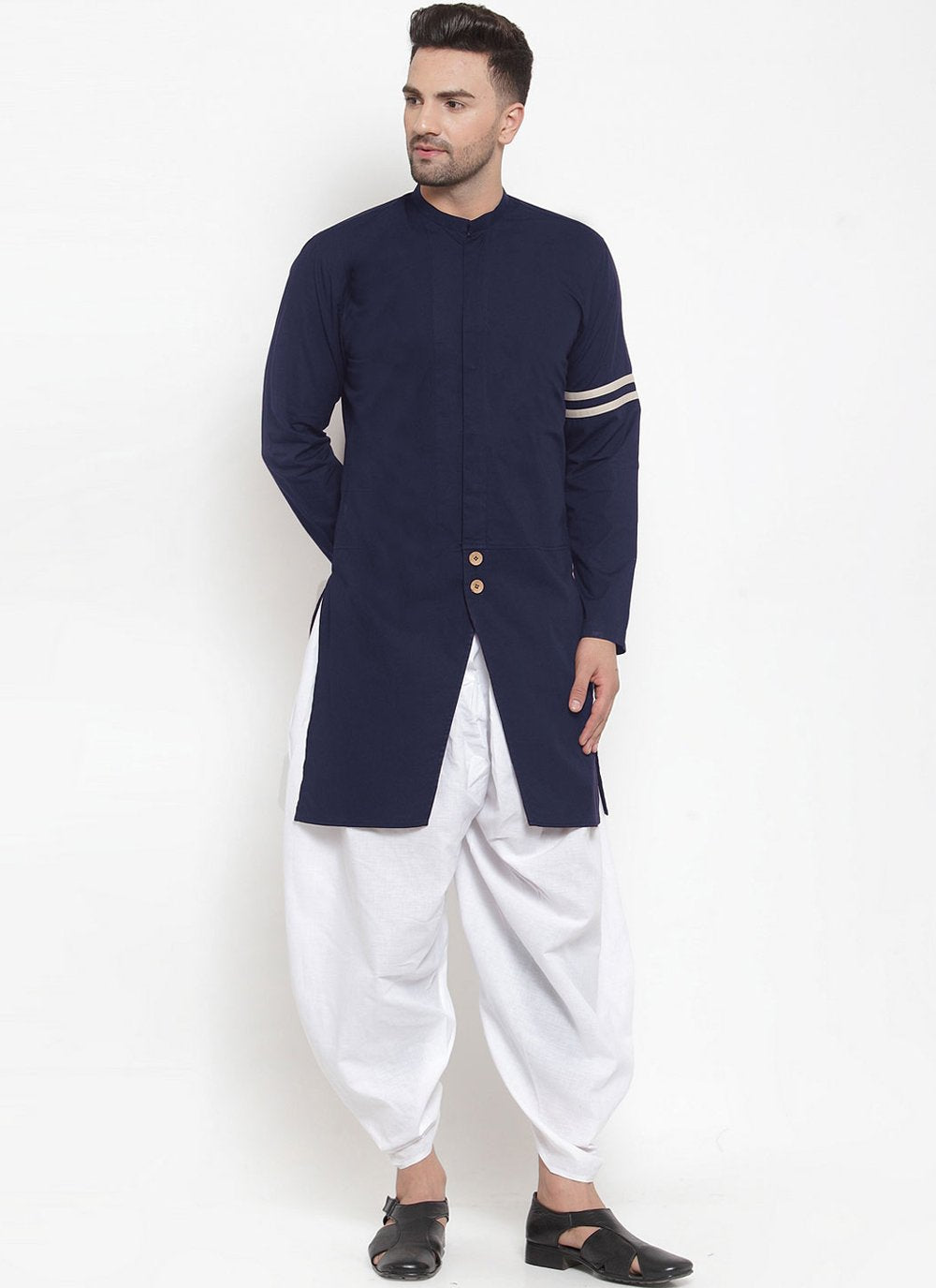 Indo Western Blended Cotton Blue Plain Mens