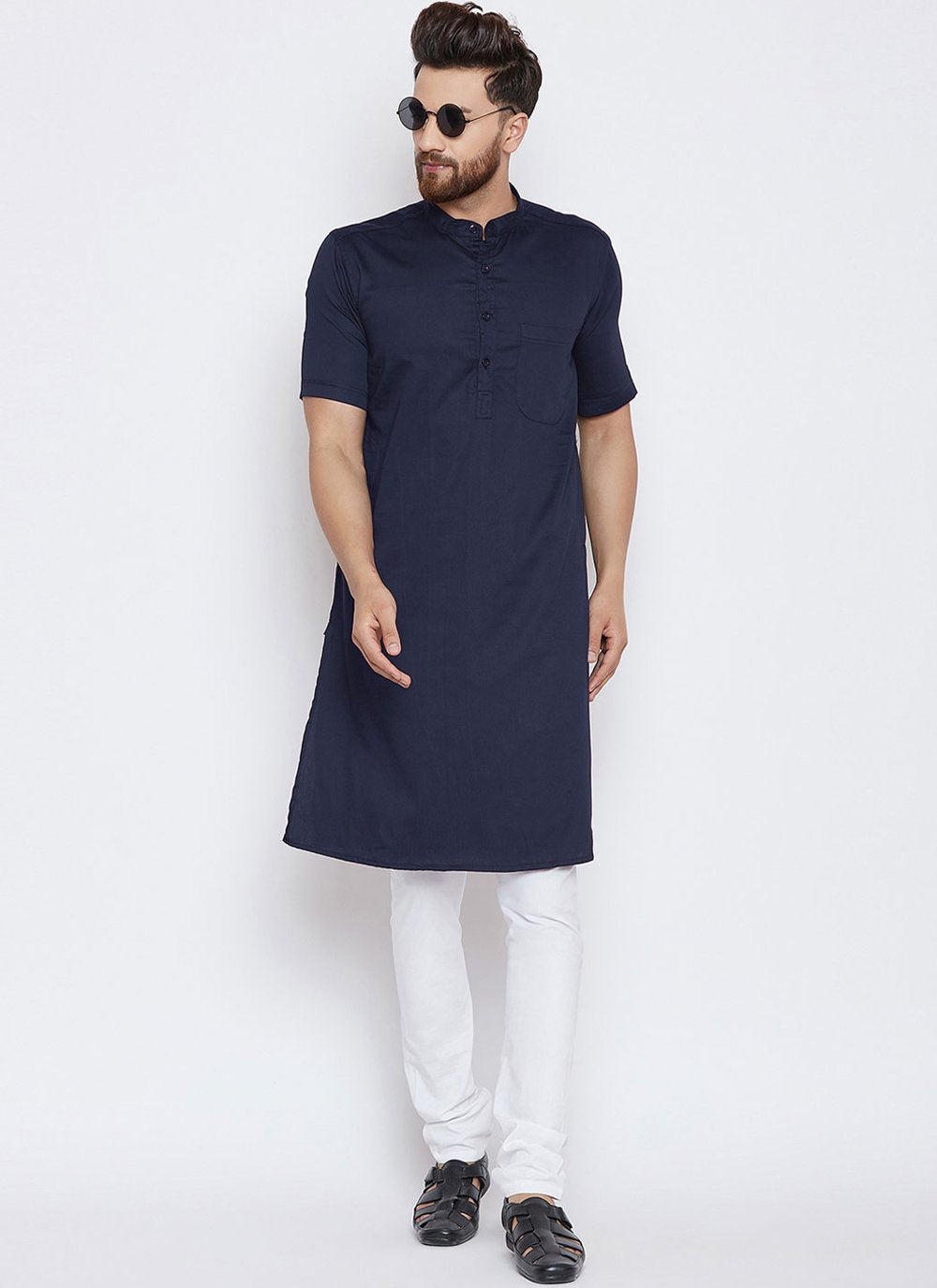 Kurta Pyjama Blended Cotton Blue Plain Mens