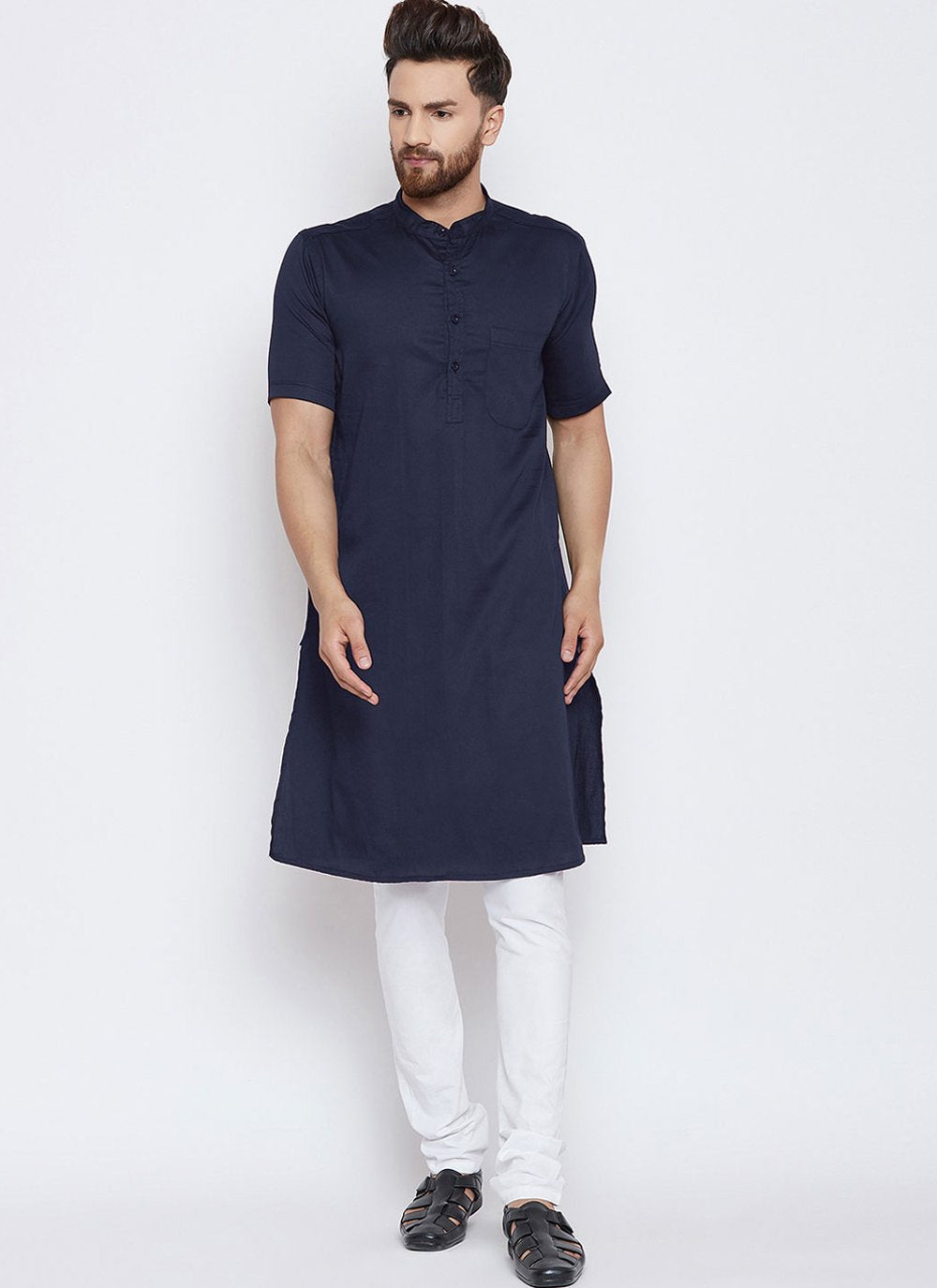 Kurta Pyjama Blended Cotton Blue Plain Mens