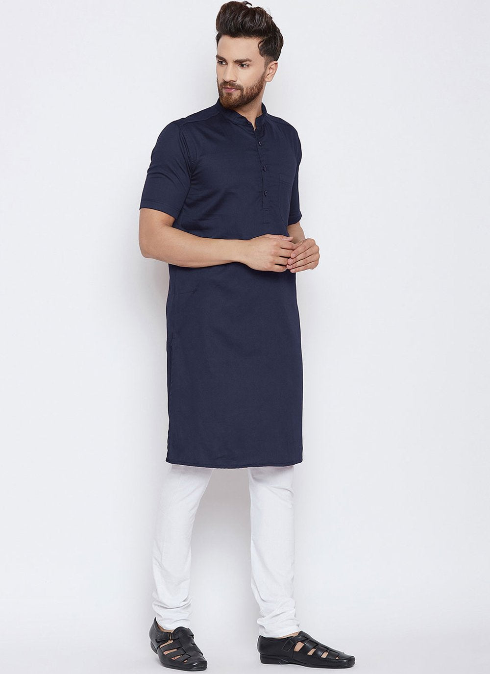 Kurta Pyjama Blended Cotton Blue Plain Mens