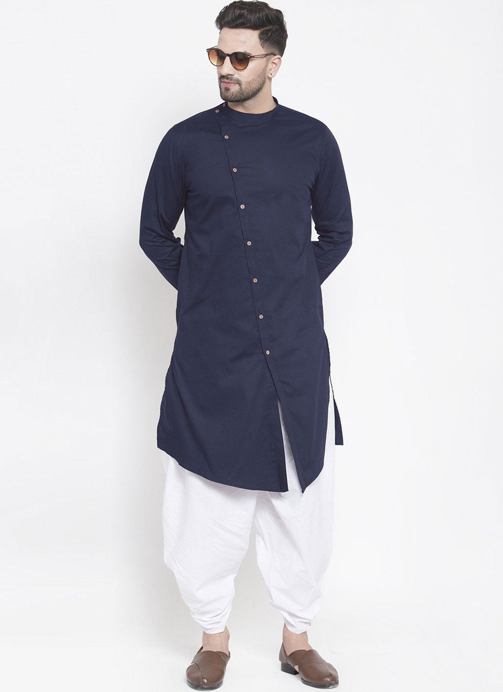 Dhoti Kurta Blended Cotton Blue Plain Mens