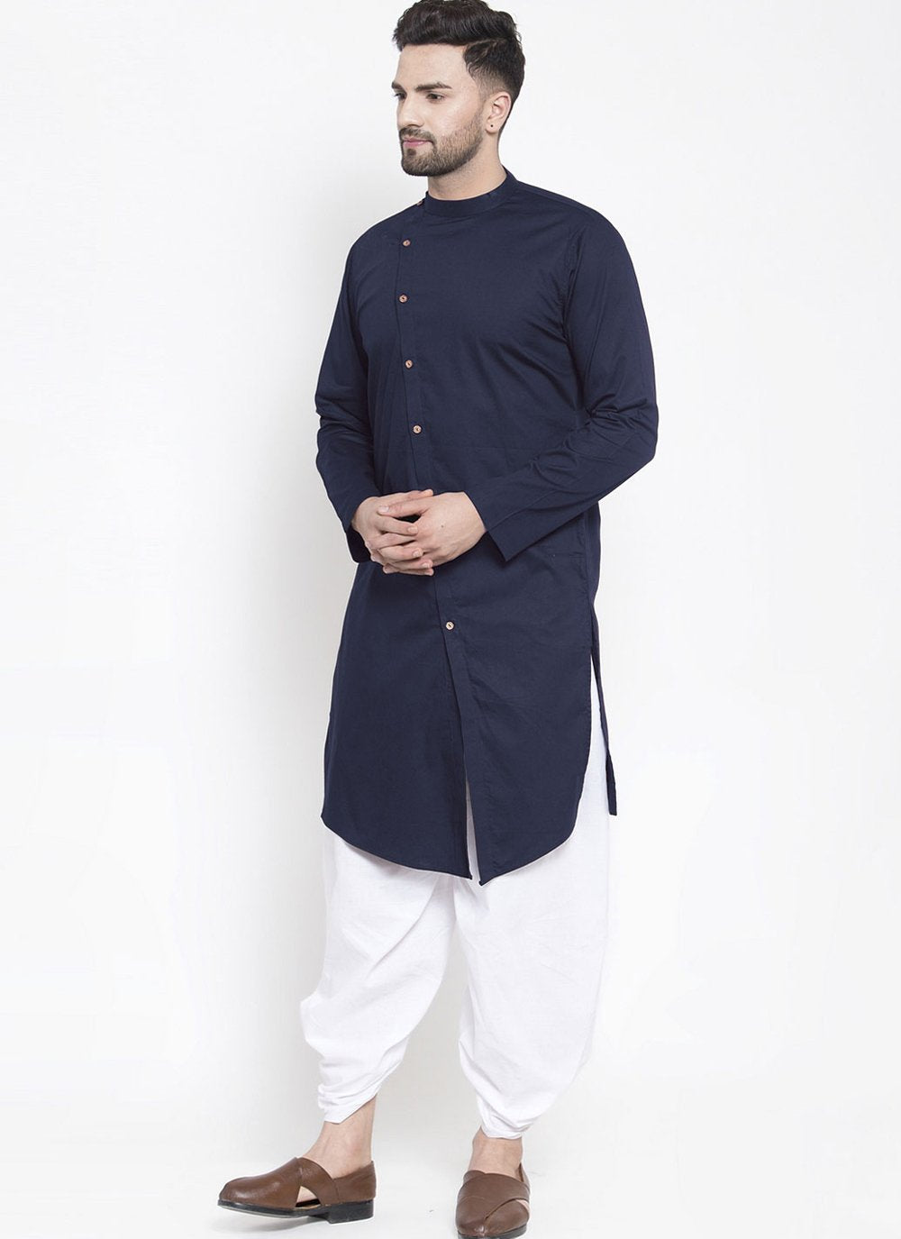 Dhoti Kurta Blended Cotton Blue Plain Mens