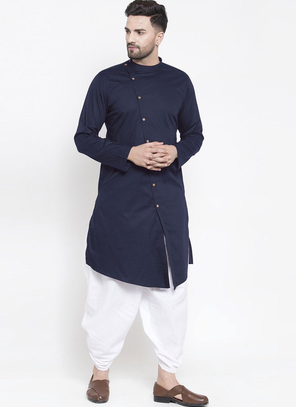 Dhoti Kurta Blended Cotton Blue Plain Mens