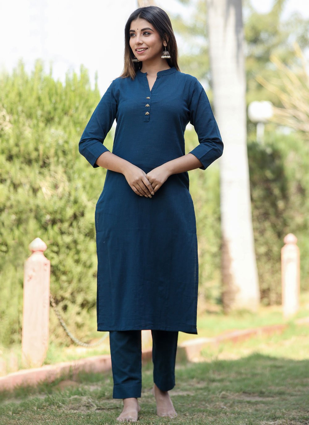 Party Wear Kurti Cotton Blue Plain Kurtis