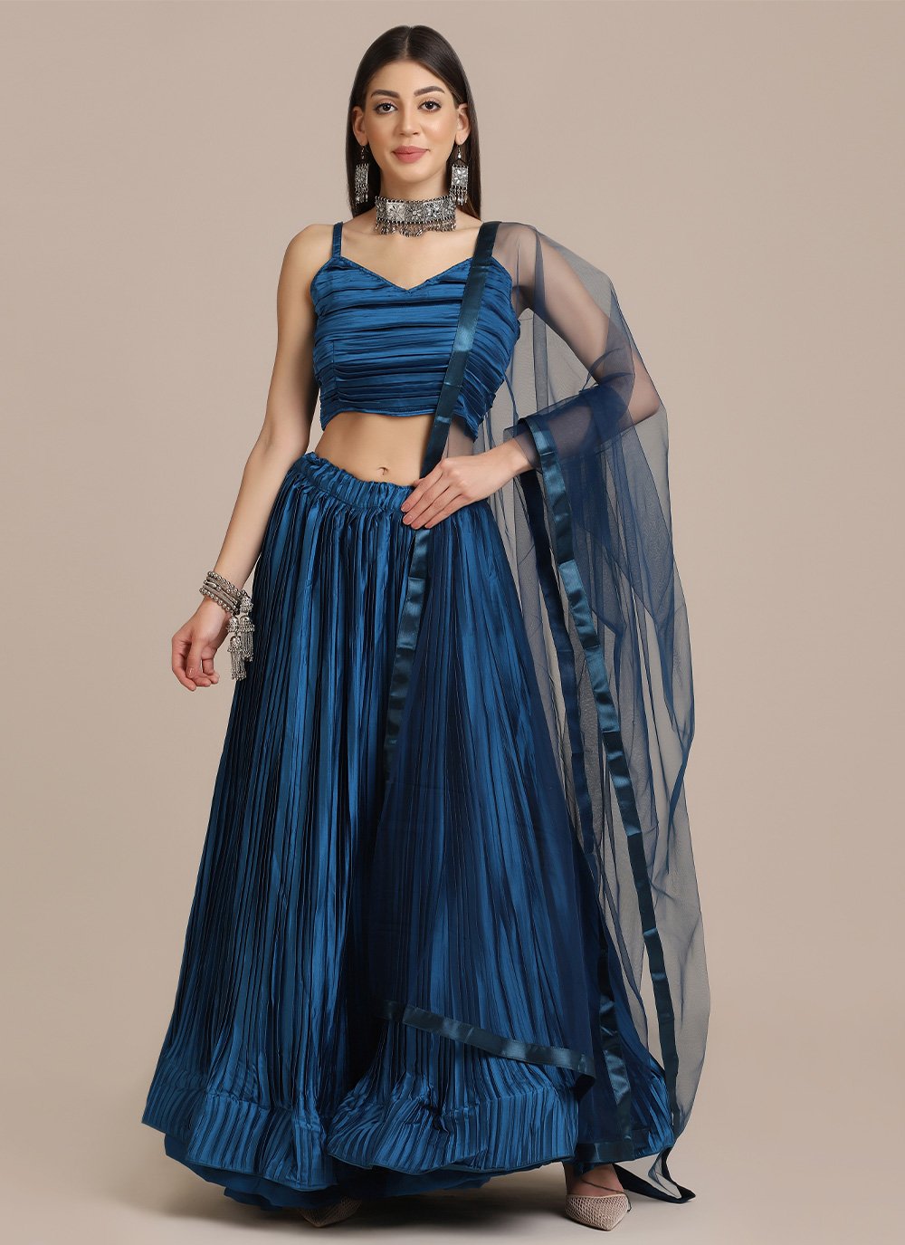 Lehenga Choli Satin Silk Blue Plain Lehenga Choli