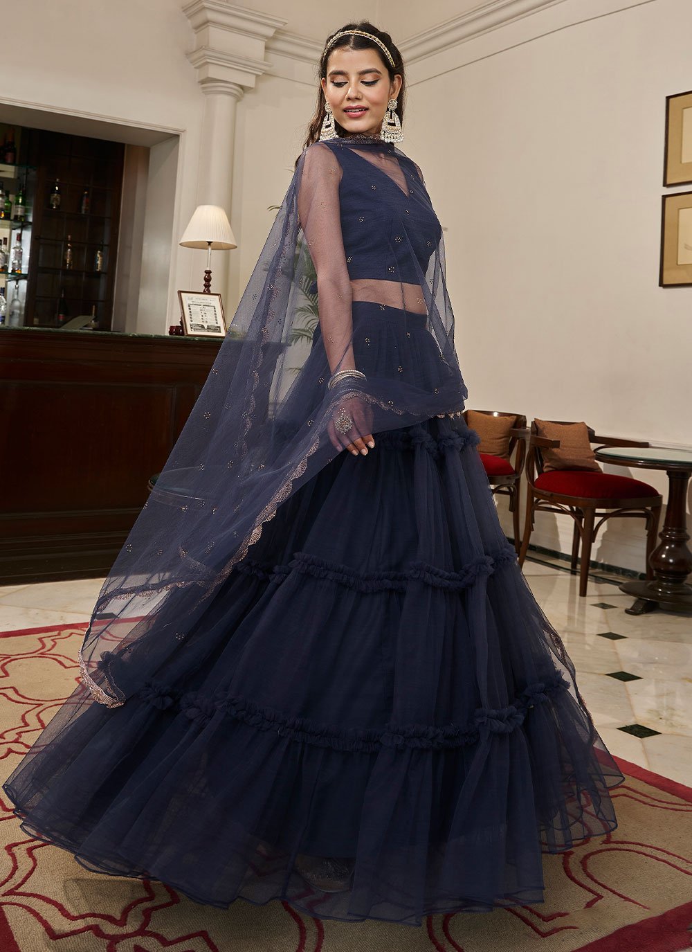 Lehenga Choli Net Blue Plain Lehenga Choli