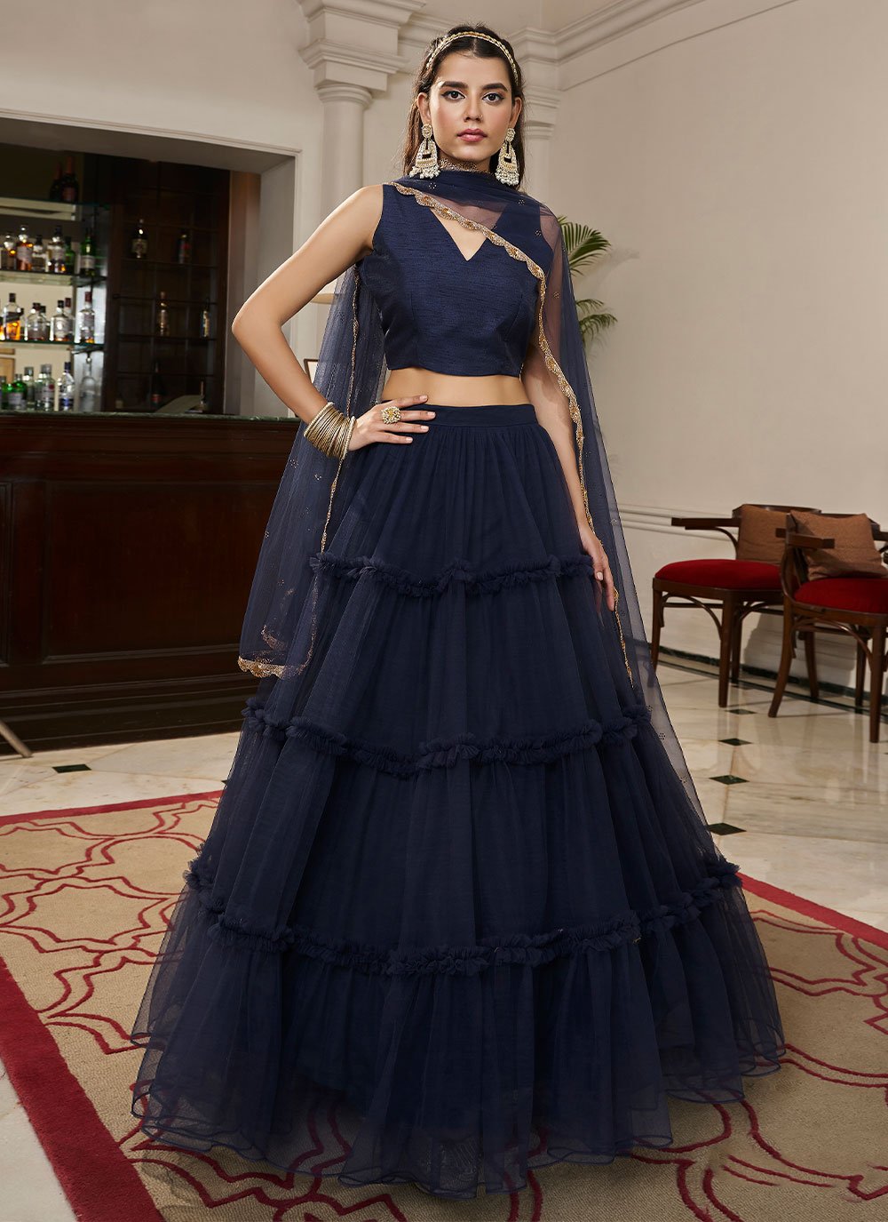 Lehenga Choli Net Blue Plain Lehenga Choli