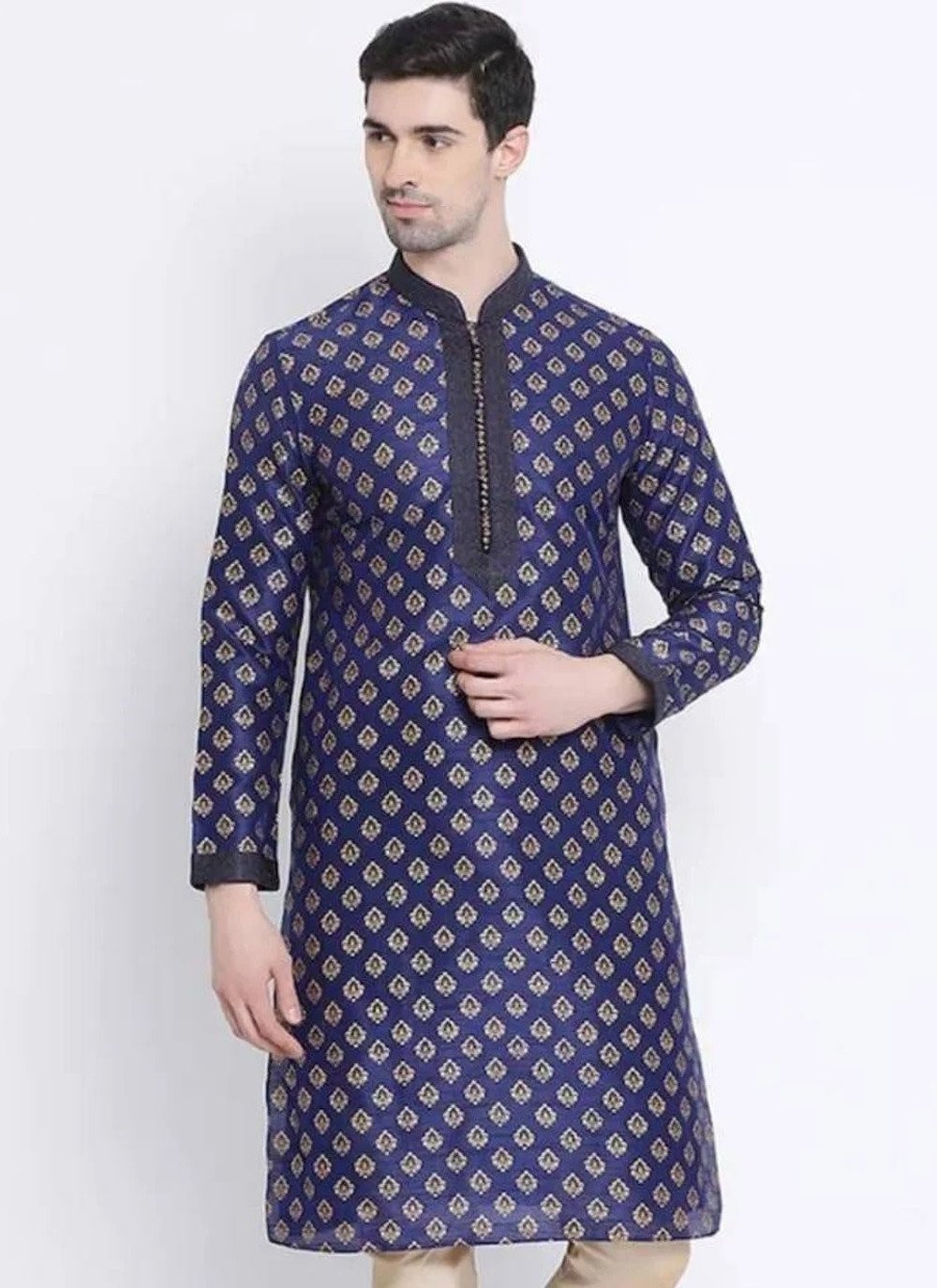 Kurta Art Dupion Silk Blue Print Mens