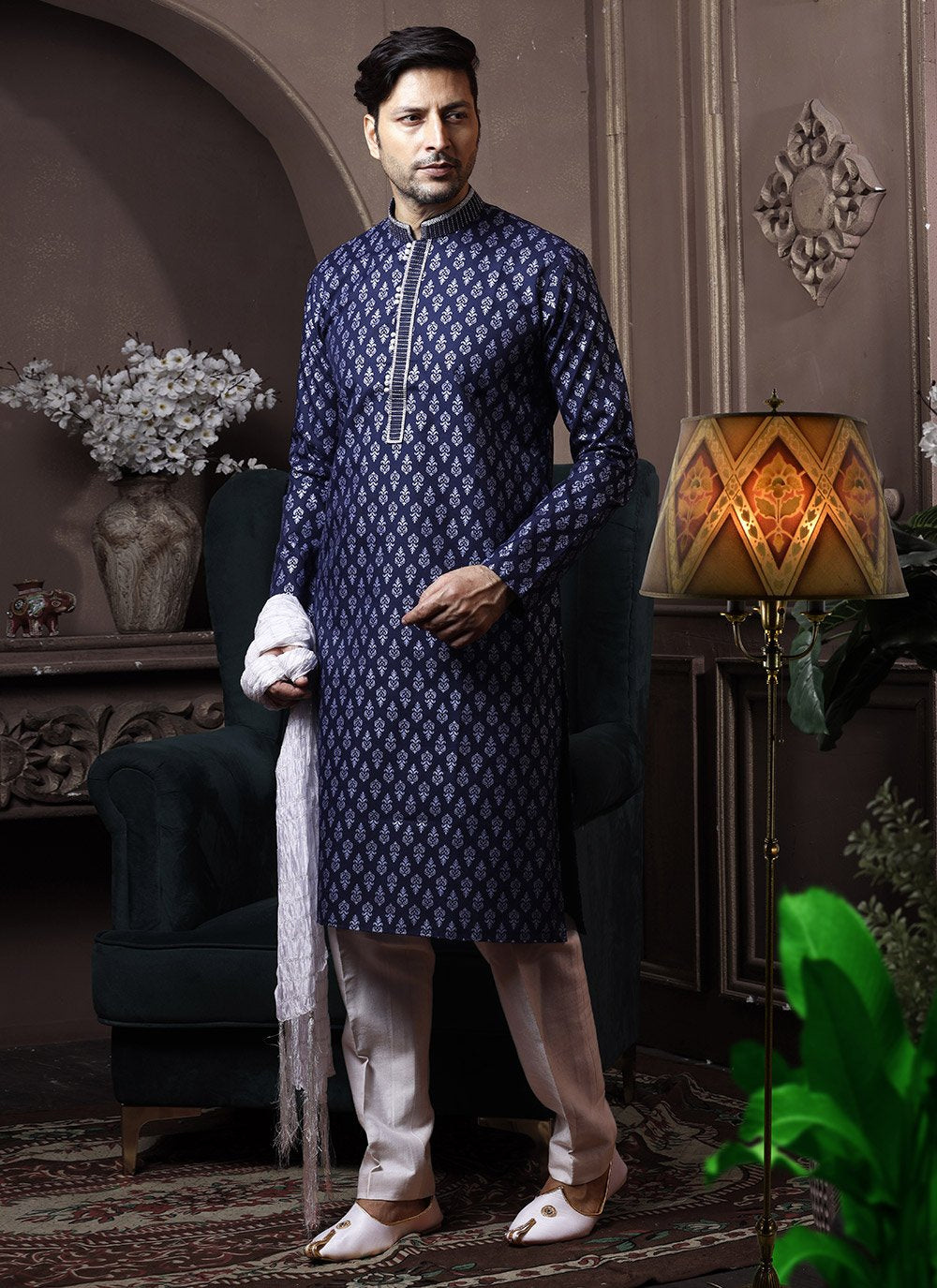 Kurta Pyjama Cotton Blue Print Mens