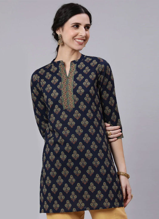 Designer Kurti Cotton Blue Print Kurtis