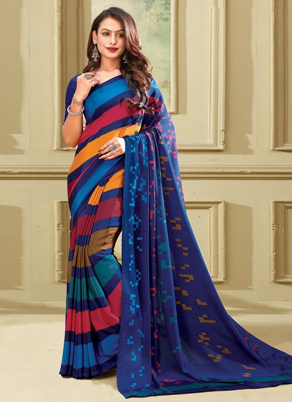 Classic Faux Crepe Blue Print Saree