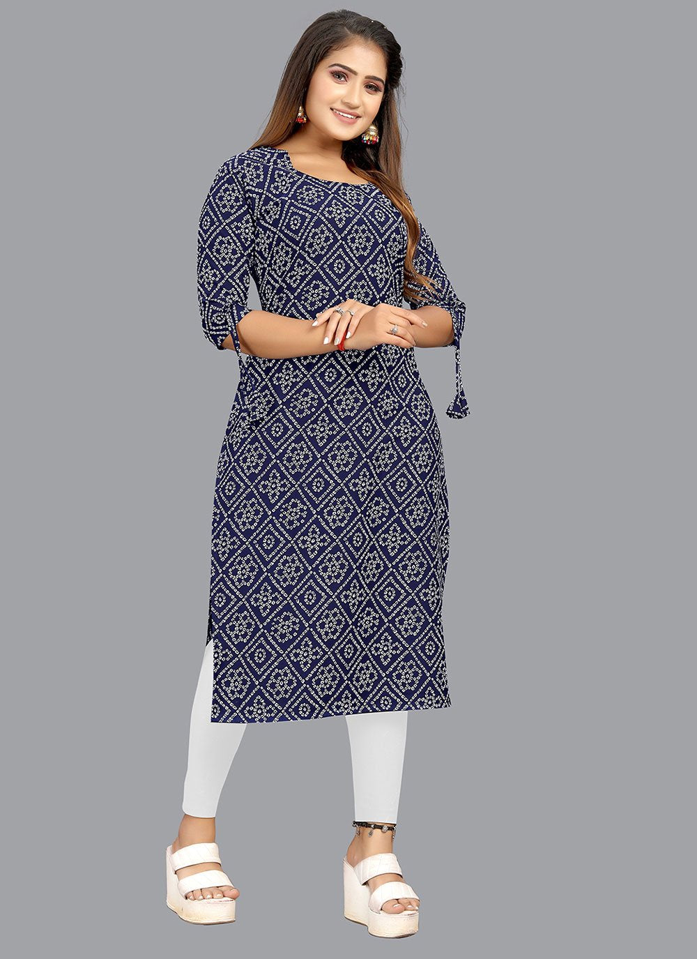 Party Wear Kurti Faux Crepe Blue Print Kurtis